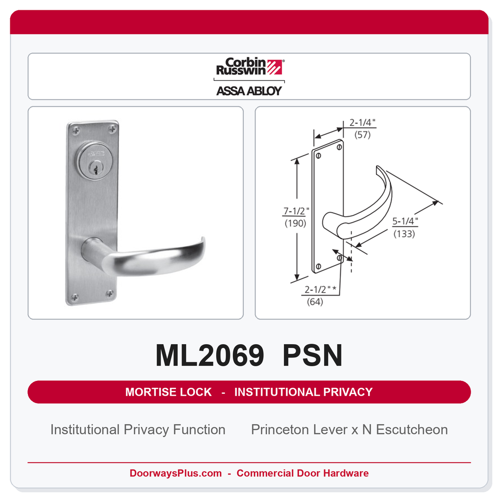 Corbin Russwin ML2069 PSN Institutional Privacy Mortise Lockset | Grade 1 Commercial