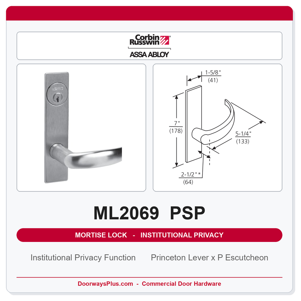 Corbin Russwin ML2069 PSP Institutional Privacy Mortise Lockset | Grade 1 Commercial