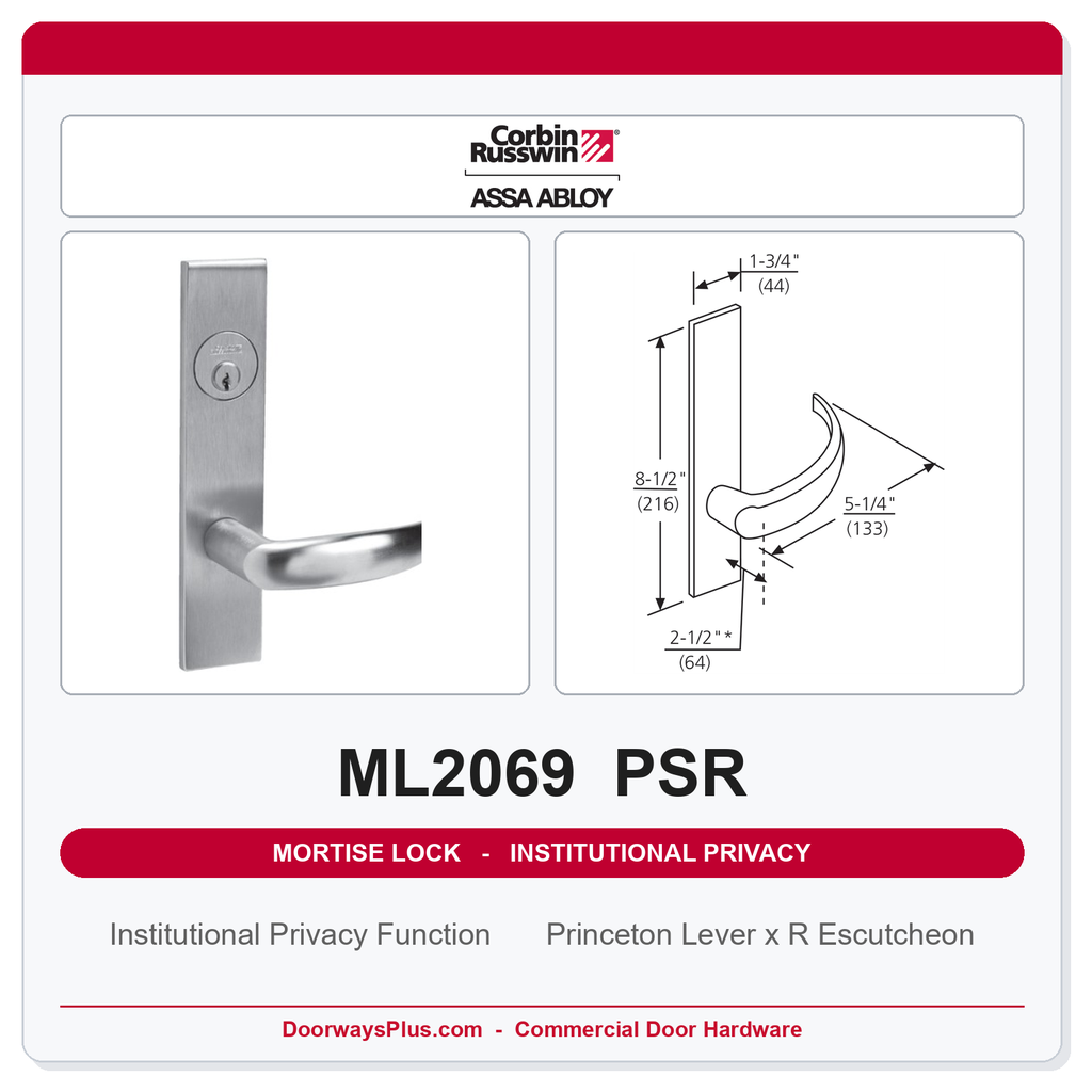 Corbin Russwin ML2069 PSR Institutional Privacy Mortise Lockset | Grade 1 Commercial