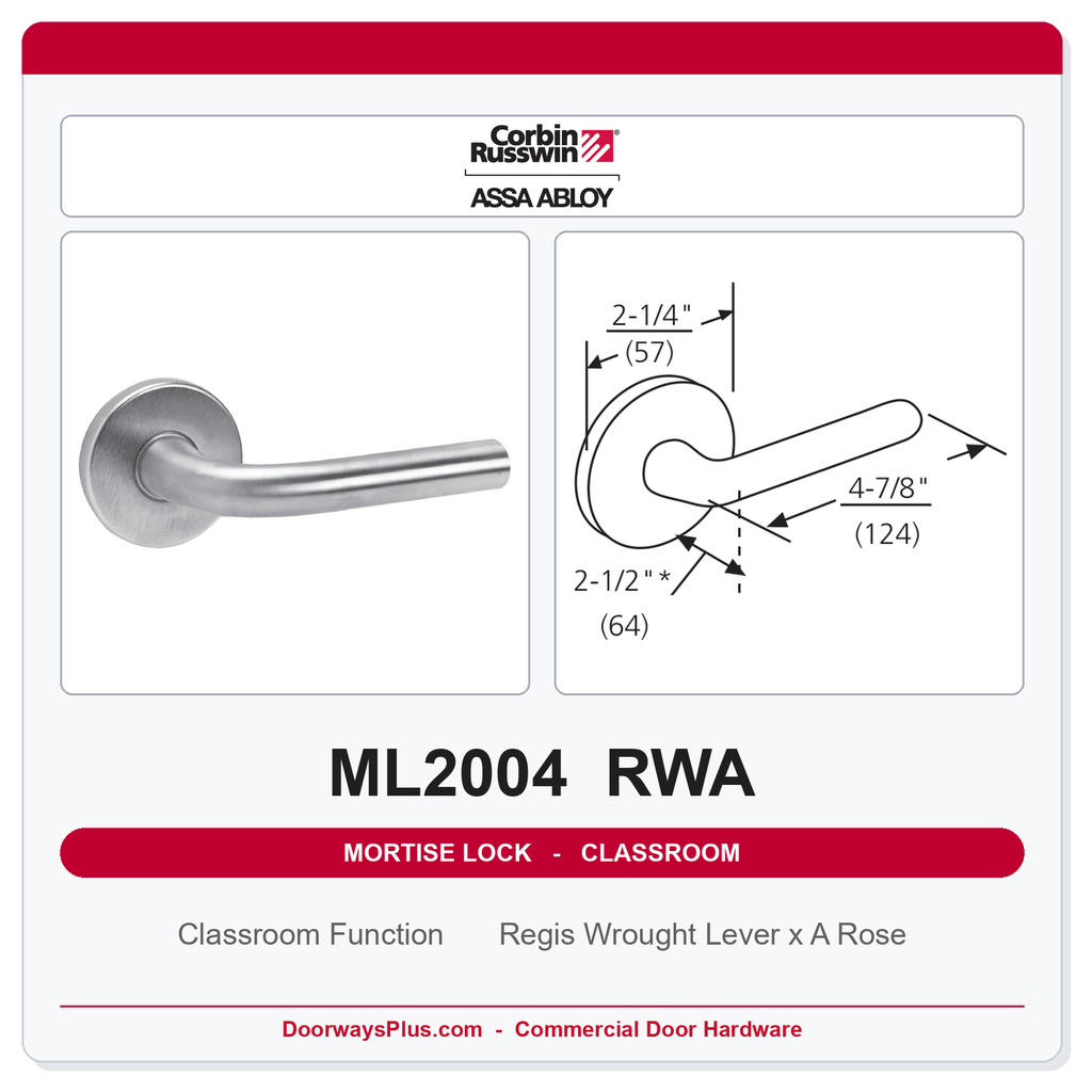 Corbin Russwin ML2004 RWA Classroom Mortise Lockset | Grade 1 Commercial
