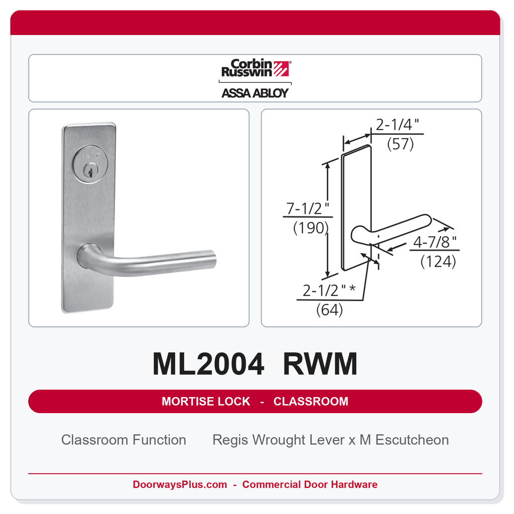 Corbin Russwin ML2004 RWM Classroom Mortise Lockset | Grade 1 Commercial
