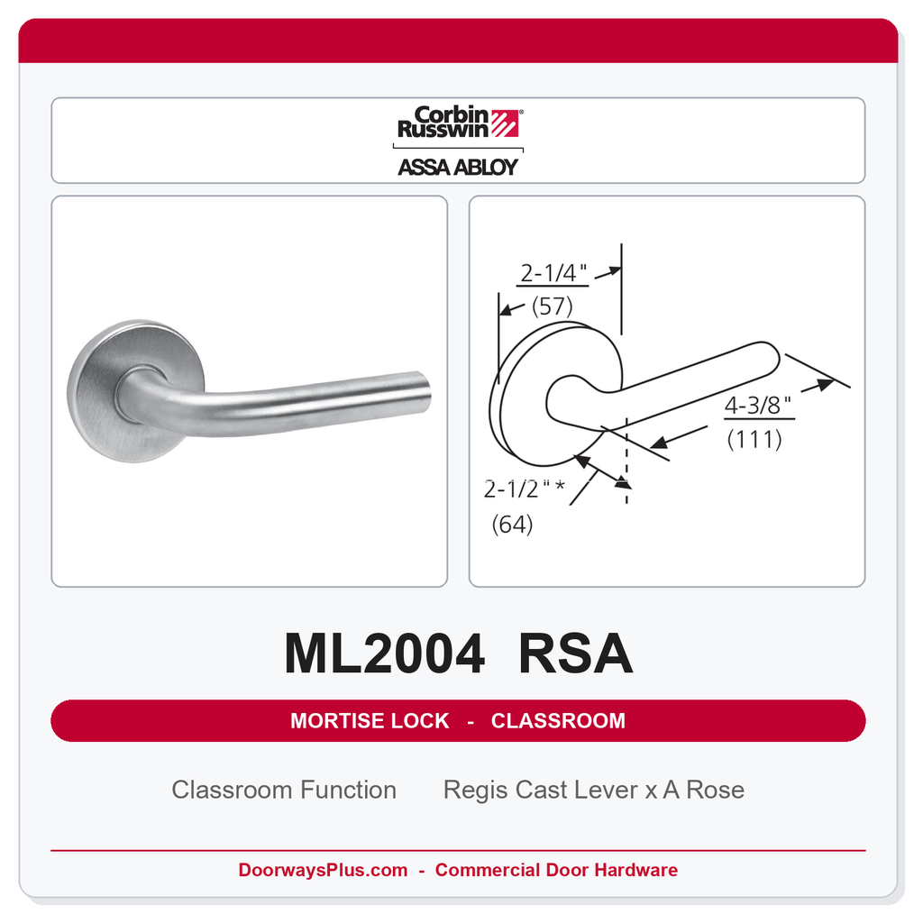 Corbin Russwin ML2004 RSA Classroom Mortise Lockset | Grade 1 Commercial