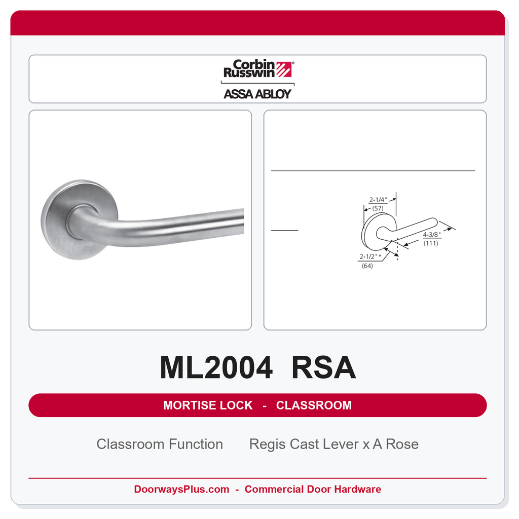 Corbin Russwin ML2004 RSA Classroom Mortise Lockset | Grade 1 Commercial