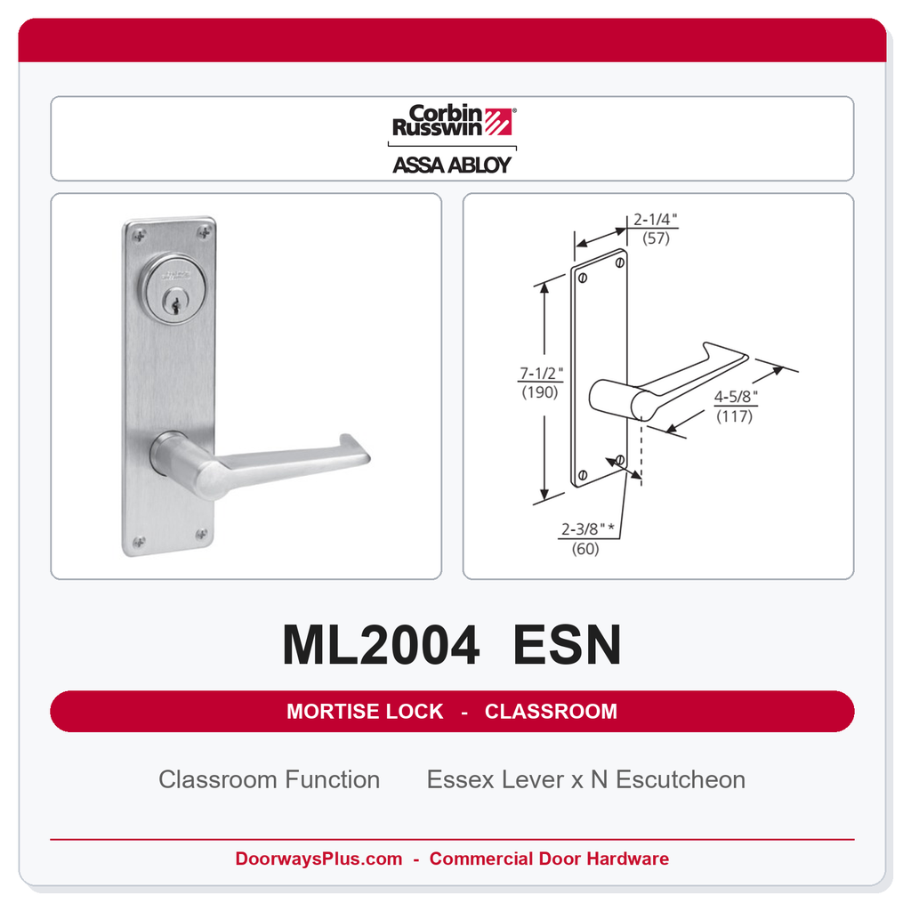 Corbin Russwin ML2004 ESN Classroom Mortise Lockset | Grade 1 Commercial