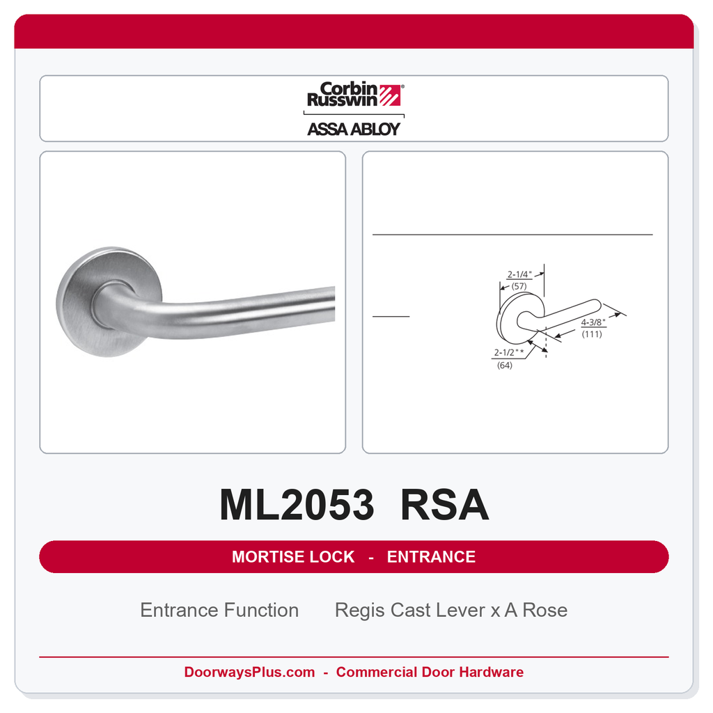 Corbin Russwin ML2053 RSA Entrance or Office Mortise Lockset | Grade 1 Commercial