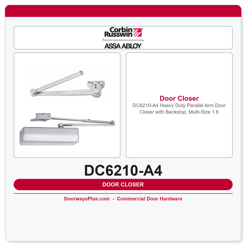 Corbin Russwin DC6210-A4 Heavy Duty Parallel Arm Door Closer with Backstop, Multi-Size 1–6