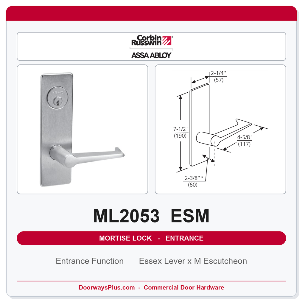 Corbin Russwin ML2053 ESM Entrance or Office Mortise Lockset | Grade 1 Commercial