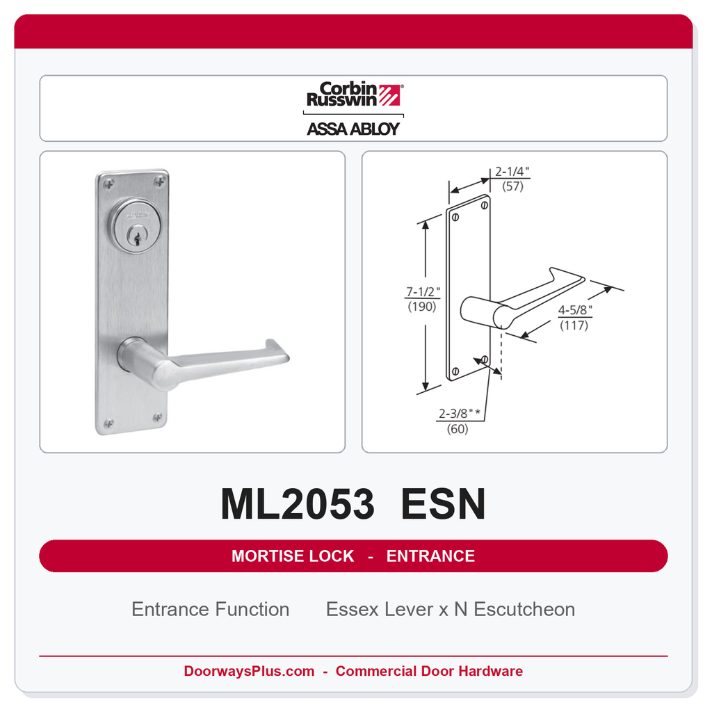 Corbin Russwin ML2053 ESN Entrance or Office Mortise Lockset | Grade 1 Commercial