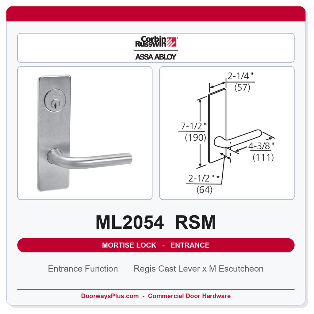 Corbin Russwin ML2054 RSM Entrance or Office Mortise Lockset | Grade 1 Commercial