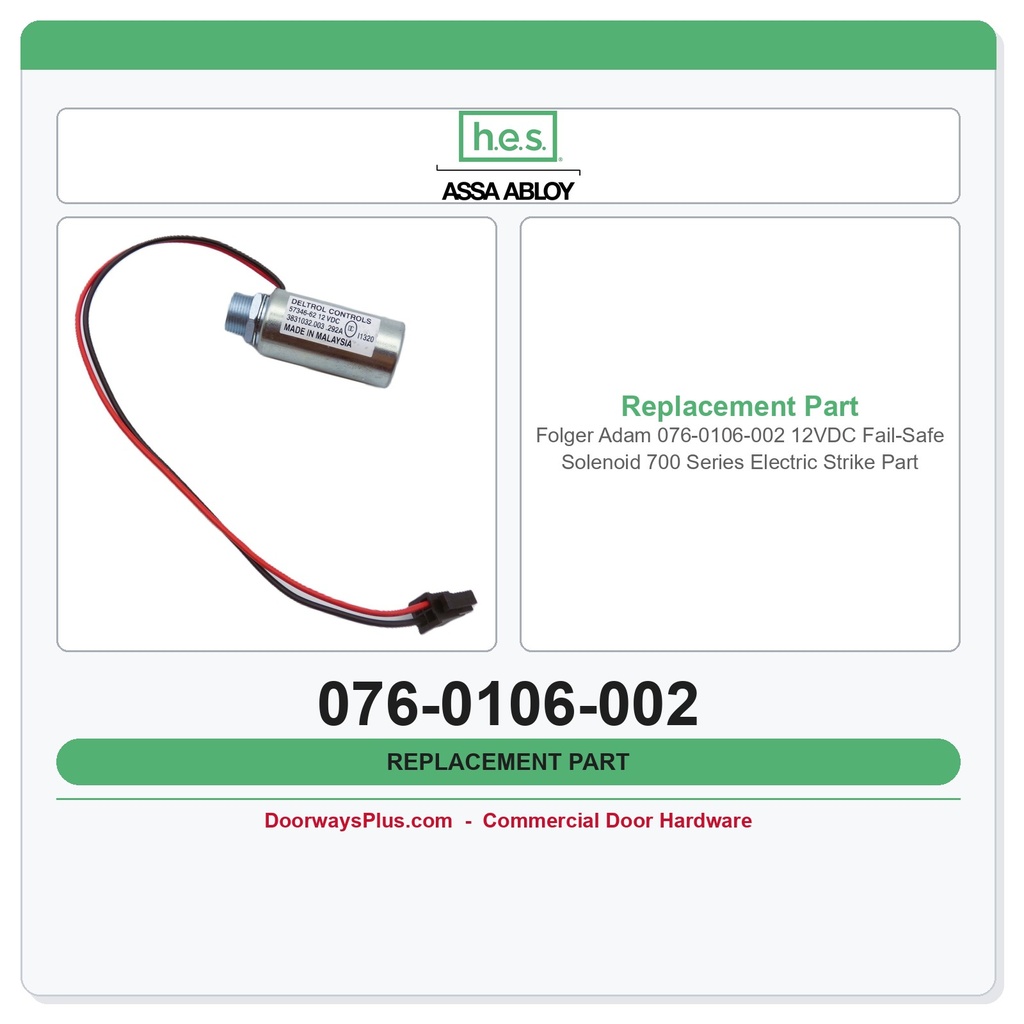 Folger Adam 076-0106-002 12VDC Fail-Safe Solenoid 700 Series Electric Strike Part