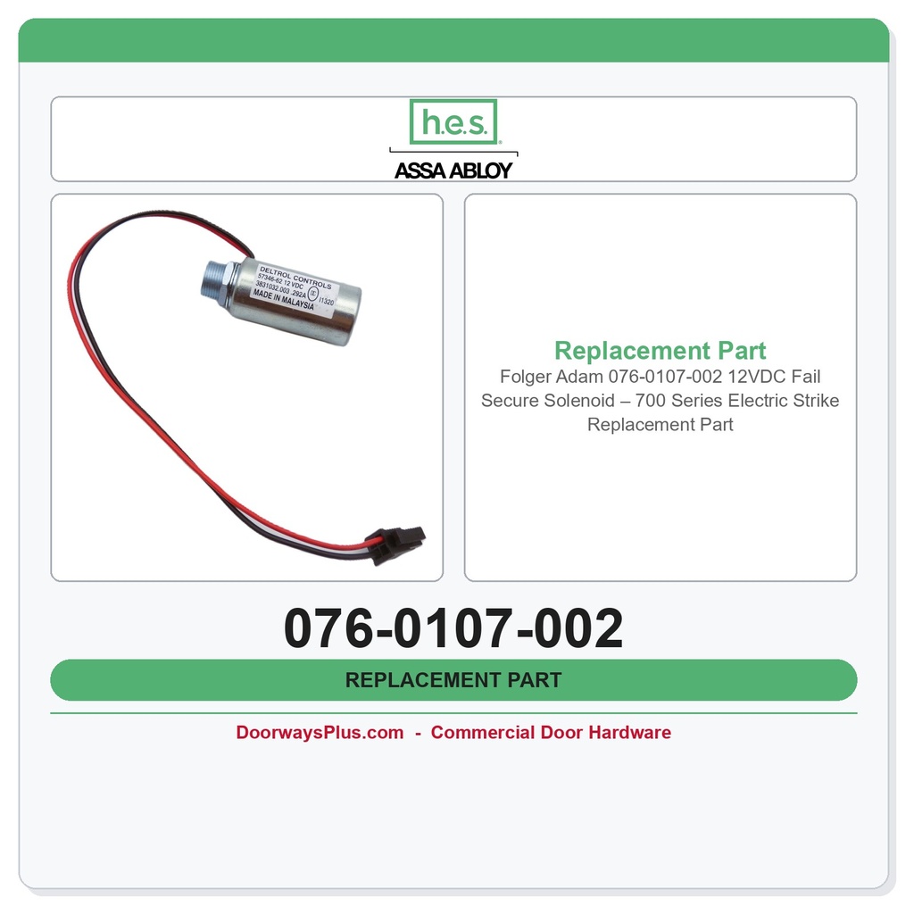 Folger Adam 076-0107-002 12VDC Fail Secure Solenoid – 700 Series Electric Strike Replacement Part