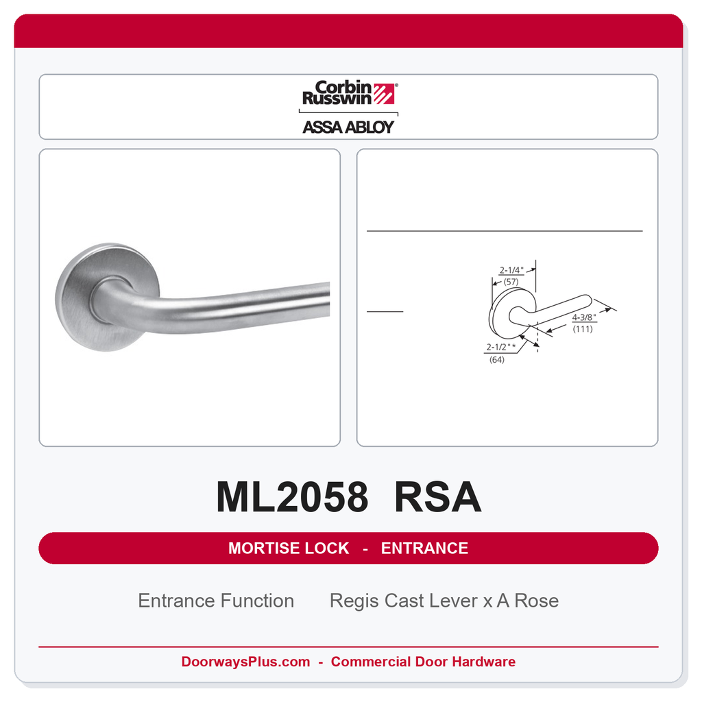 Corbin Russwin ML2058 RSA Entrance or Office Holdback Mortise Lockset | Grade 1 Commercial