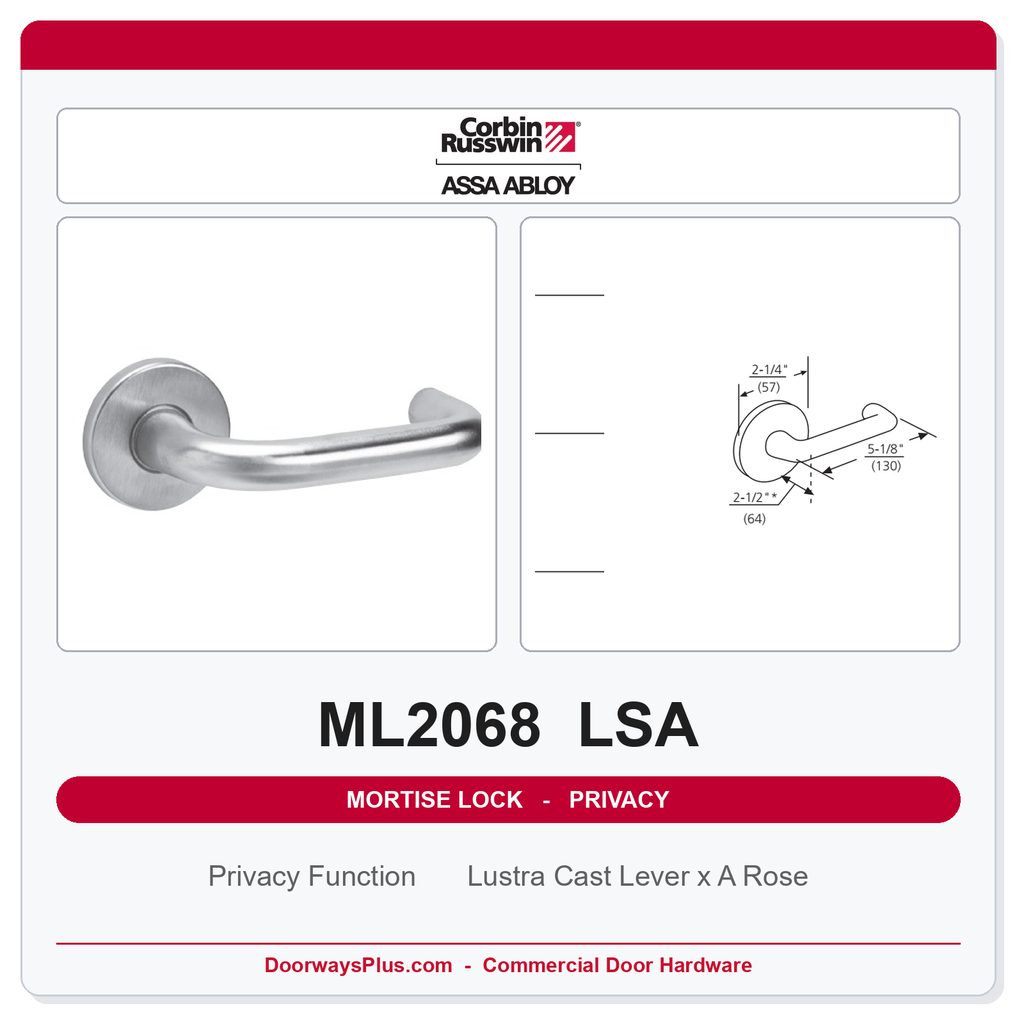 Corbin Russwin ML2068 LSA Privacy or Apartment Mortise Lockset | Grade 1 Commercial