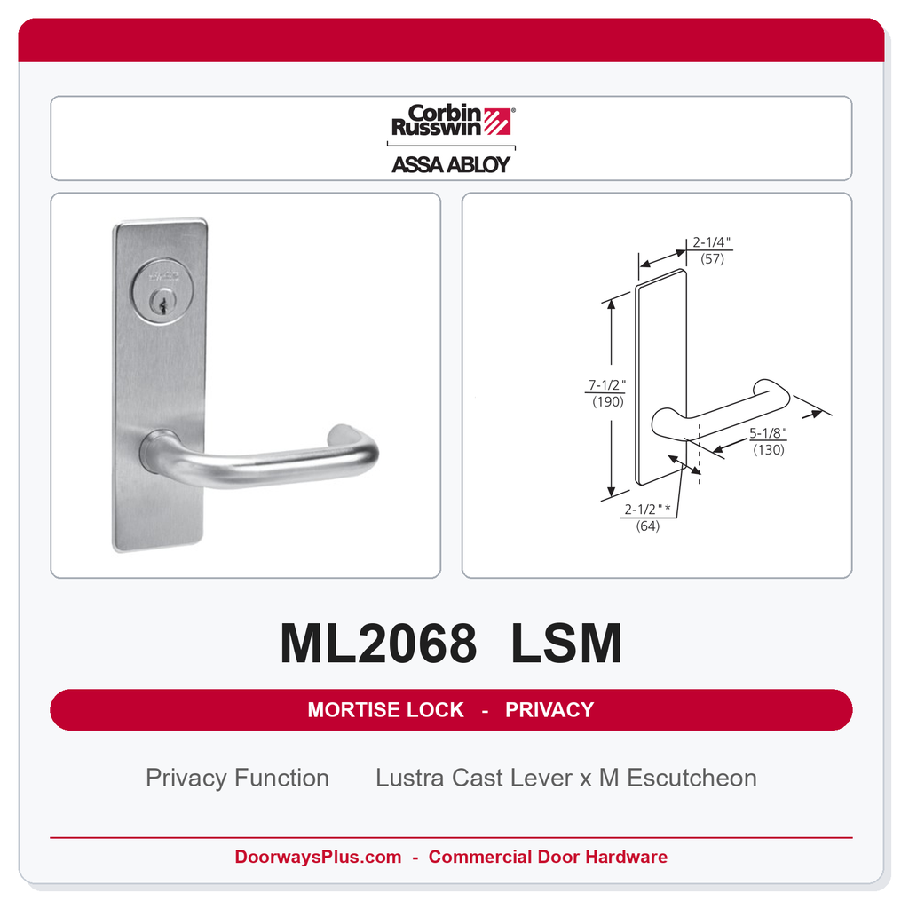 Corbin Russwin ML2068 LSM Privacy or Apartment Mortise Lockset | Grade 1 Commercial