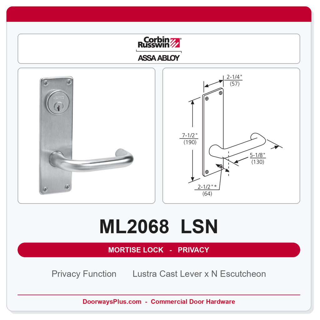 Corbin Russwin ML2068 LSN Privacy or Apartment Mortise Lockset | Grade 1 Commercial