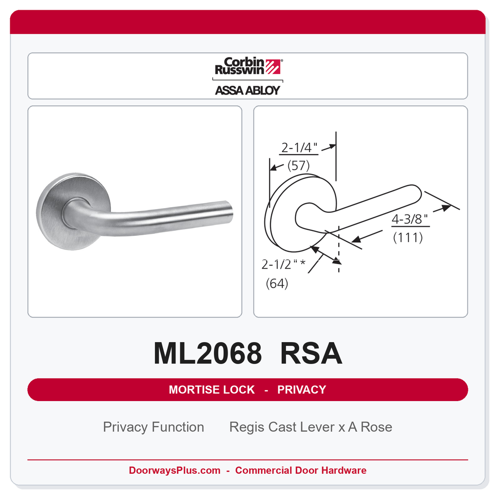 Corbin Russwin ML2068 RSA Privacy or Apartment Mortise Lockset | Grade 1 Commercial