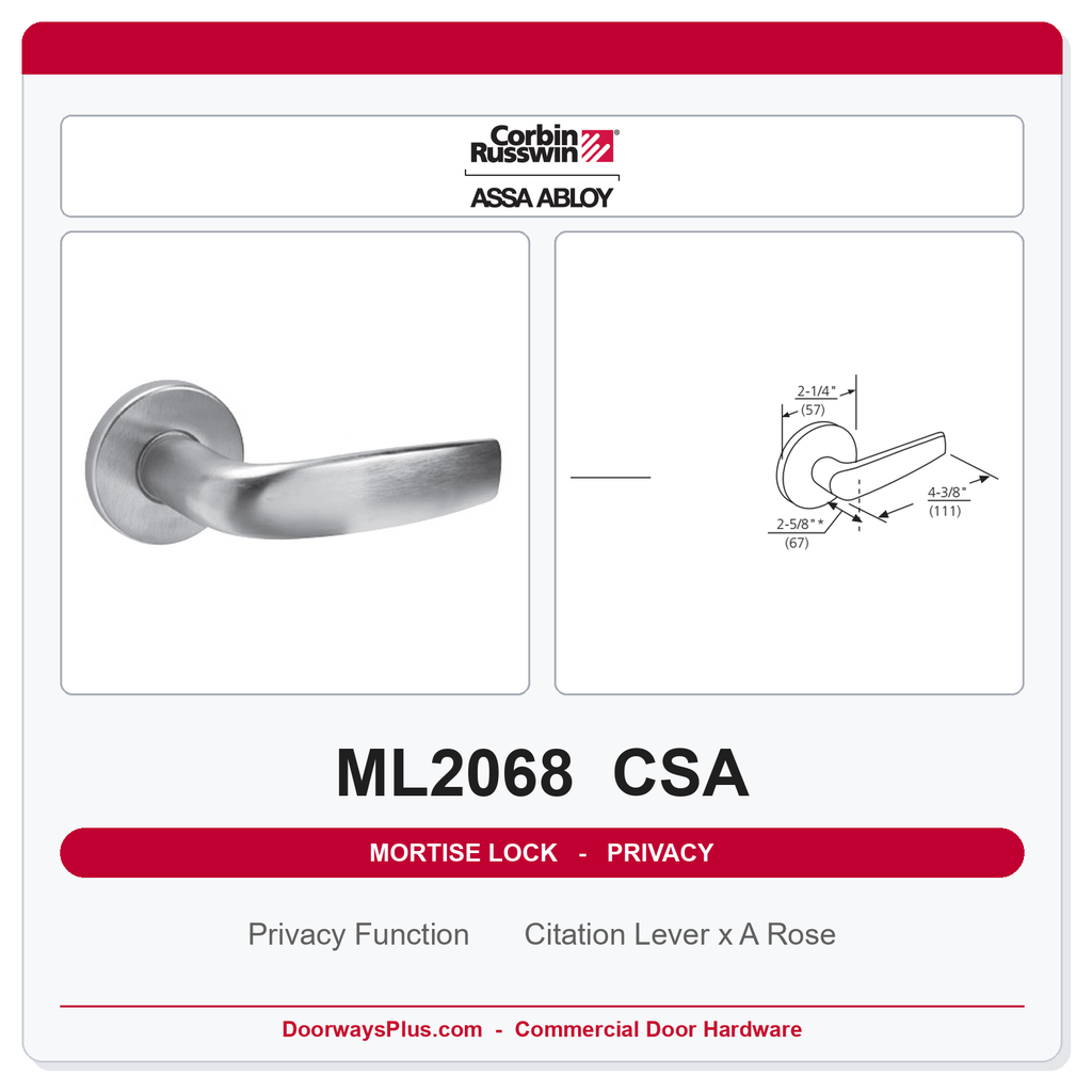 Corbin Russwin ML2068 CSA Privacy or Apartment Mortise Lockset | Grade 1 Commercial