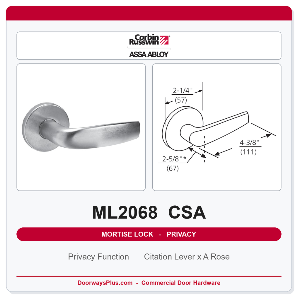 Corbin Russwin ML2068 CSA Privacy or Apartment Mortise Lockset | Grade 1 Commercial