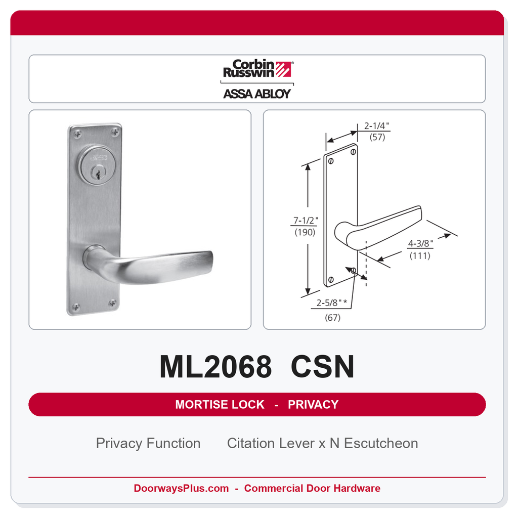 Corbin Russwin ML2068 CSN Privacy or Apartment Mortise Lockset | Grade 1 Commercial