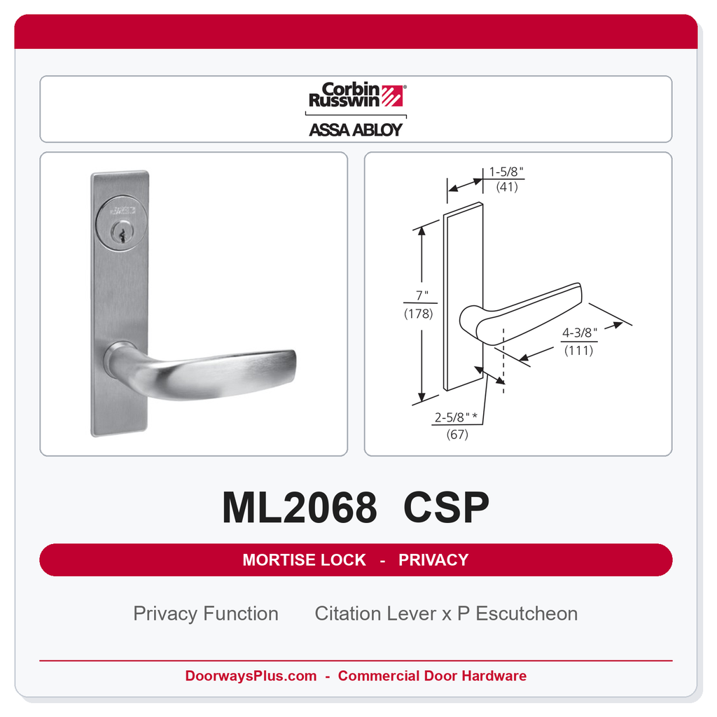 Corbin Russwin ML2068 CSP Privacy or Apartment Mortise Lockset | Grade 1 Commercial