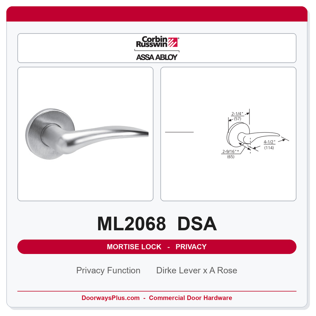 Corbin Russwin ML2068 DSA Privacy or Apartment Mortise Lockset | Grade 1 Commercial