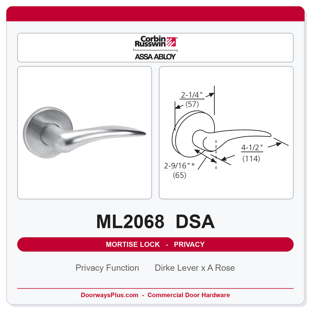 Corbin Russwin ML2068 DSA Privacy or Apartment Mortise Lockset | Grade 1 Commercial