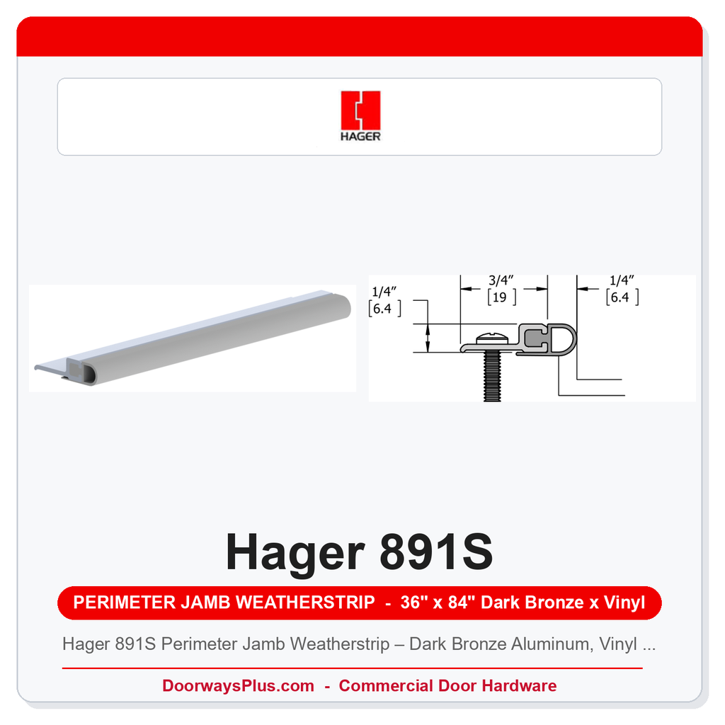 Hager 891S Perimeter Jamb Weatherstrip – Dark Bronze Aluminum, Vinyl Insert, 3'0x7'0