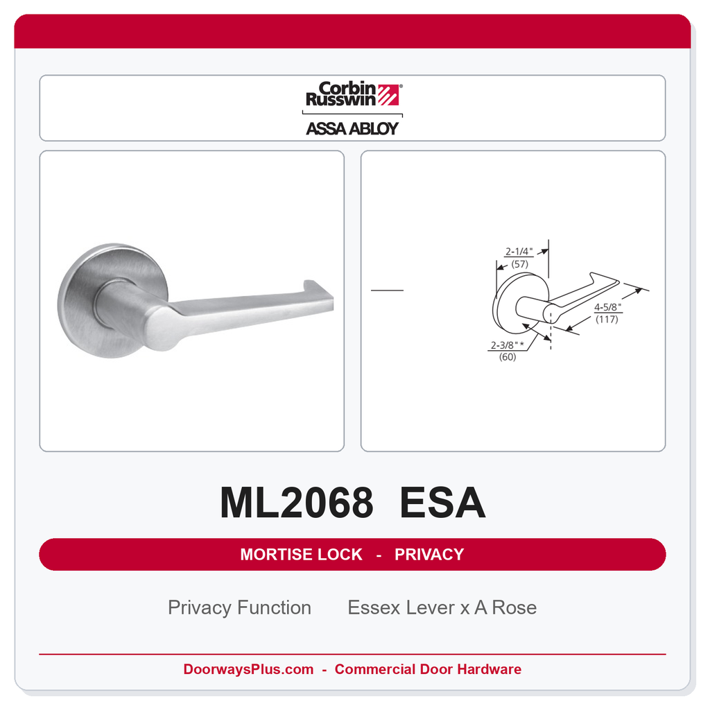 Corbin Russwin ML2068 ESA Privacy or Apartment Mortise Lockset | Grade 1 Commercial