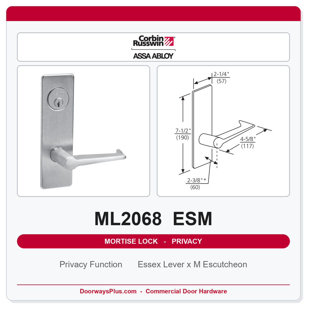 Corbin Russwin ML2068 ESM Privacy or Apartment Mortise Lockset | Grade 1 Commercial