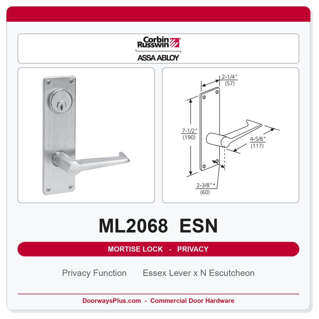 Corbin Russwin ML2068 ESN Privacy or Apartment Mortise Lockset | Grade 1 Commercial