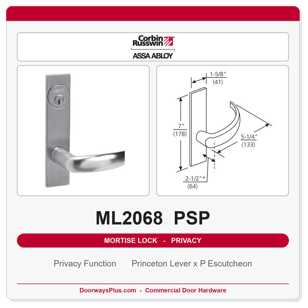 Corbin Russwin ML2068 PSP Privacy or Apartment Mortise Lockset | Grade 1 Commercial