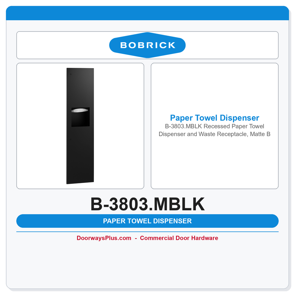 Bobrick B-3803.MBLK Recessed Paper Towel Dispenser and Waste Receptacle, Matte Black