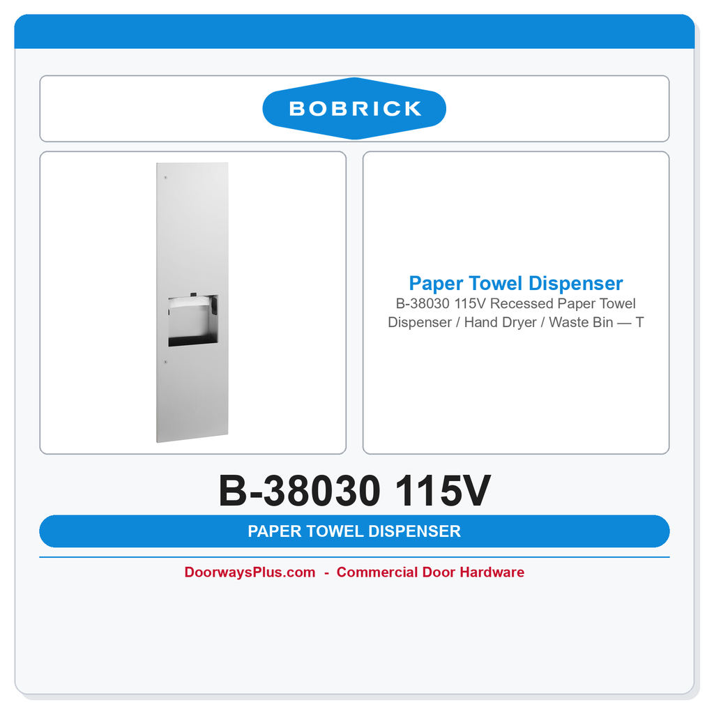 Bobrick B-38030 115V Recessed Paper Towel Dispenser / Hand Dryer / Waste Bin — TrimLine 3-in-1