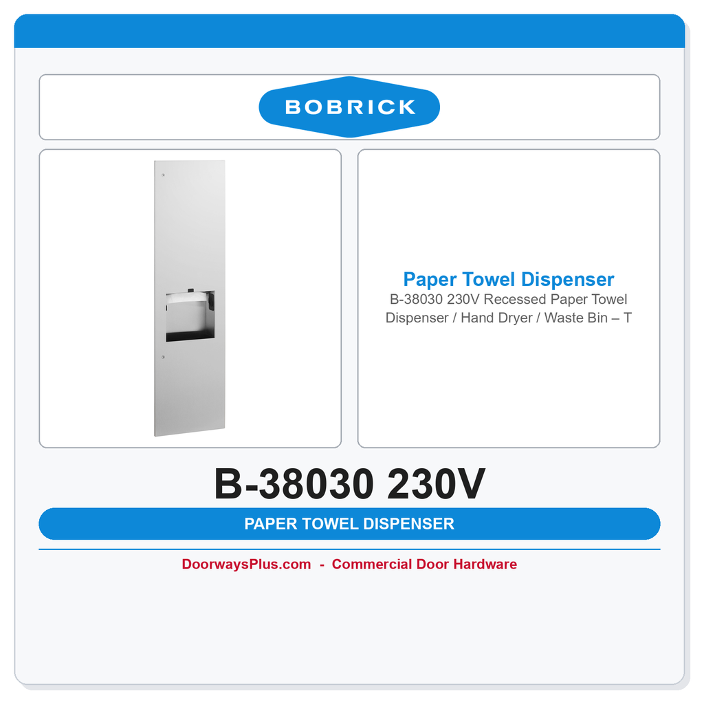 Bobrick B-38030 230V Recessed Paper Towel Dispenser / Hand Dryer / Waste Bin – TrimLine 3-in-1