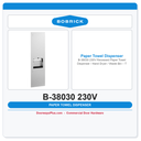 Bobrick B-38030 230V Recessed Paper Towel Dispenser / Hand Dryer / Waste Bin – TrimLine 3-in-1