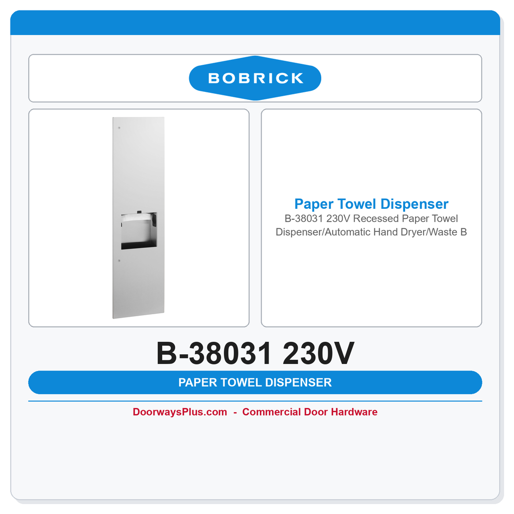 Bobrick B-38031 230V Recessed Paper Towel Dispenser/Automatic Hand Dryer/Waste Bin