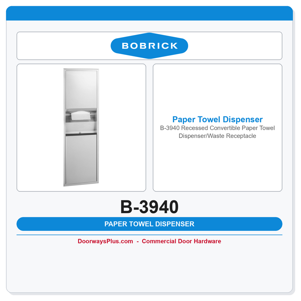 Bobrick B-3940 Recessed Convertible Paper Towel Dispenser/Waste Receptacle