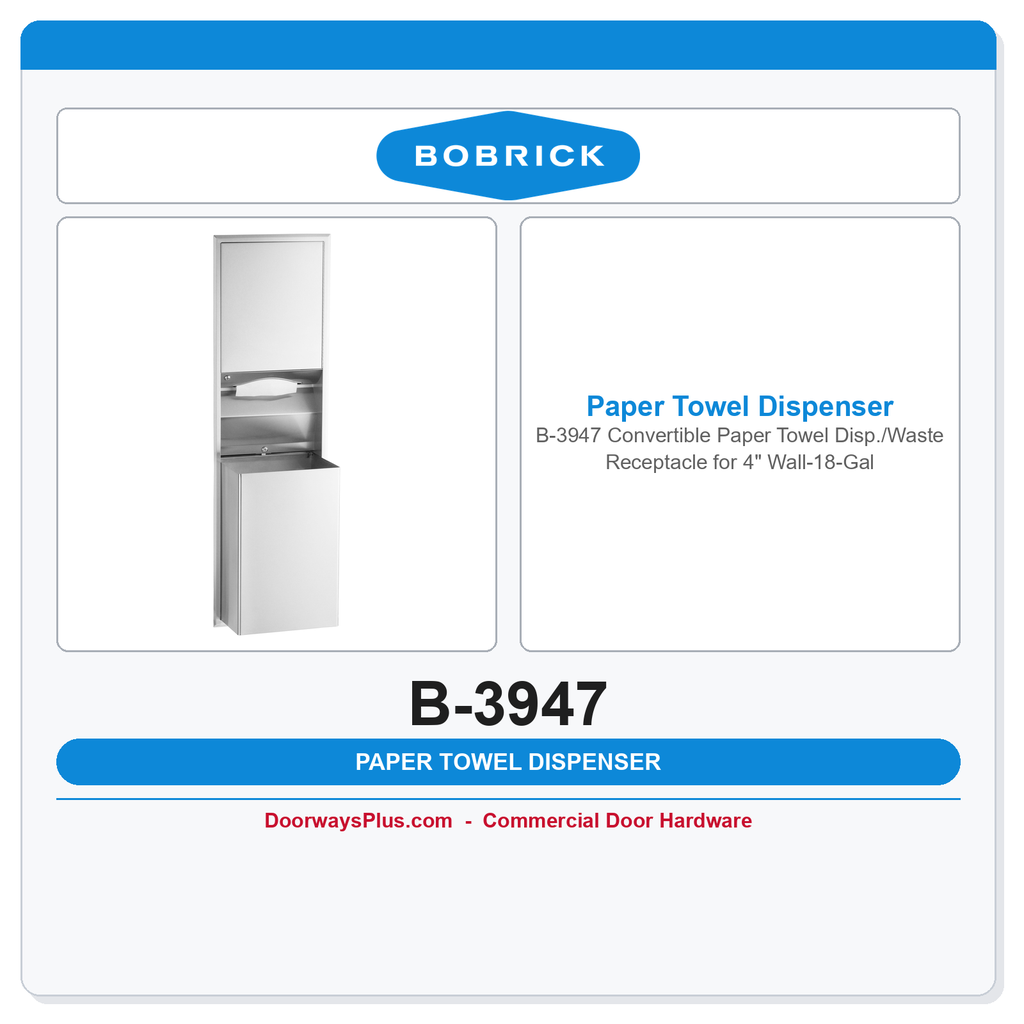 Bobrick B-3947 Convertible Paper Towel Disp./Waste Receptacle for 4" Wall-18-Gal.