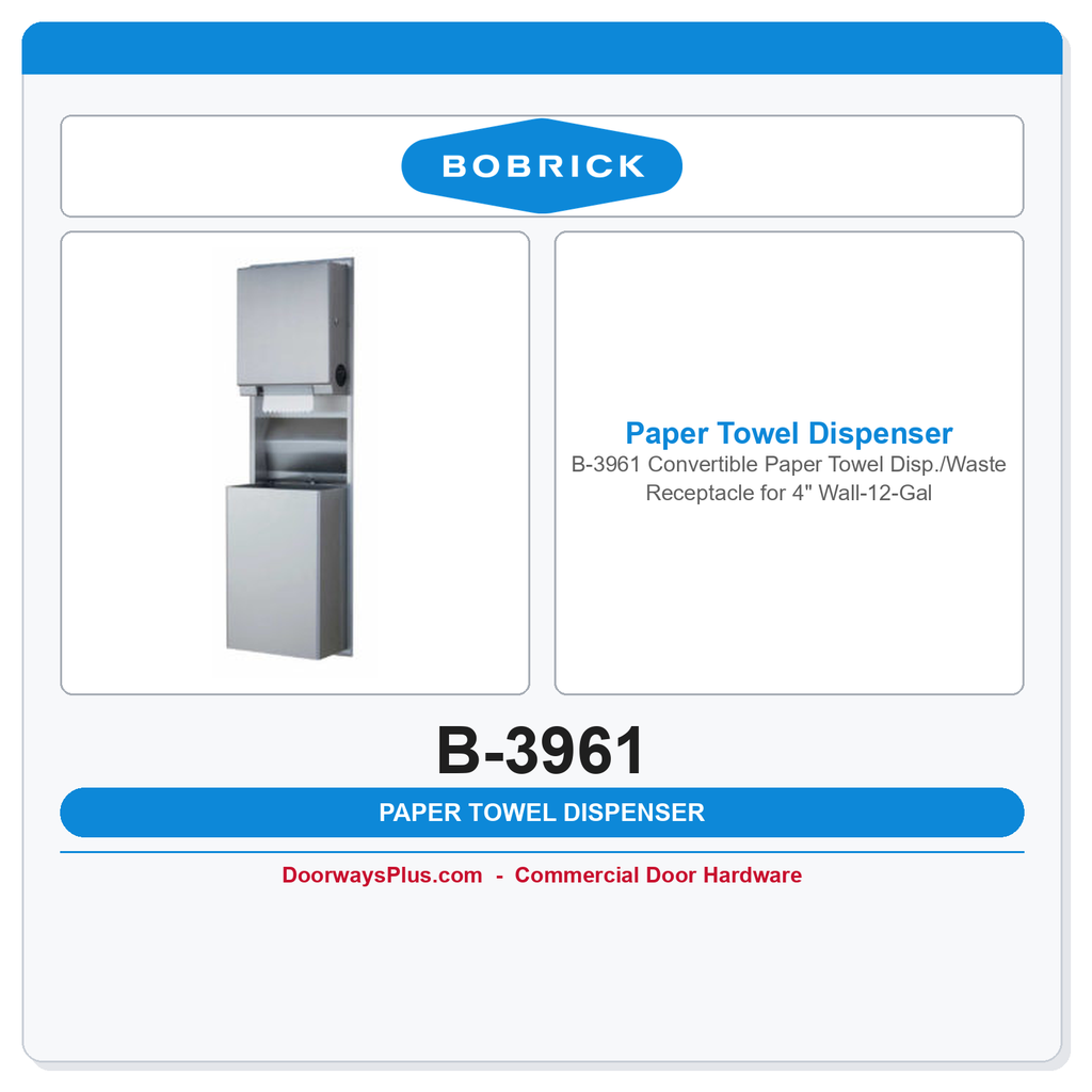 Bobrick B-3961 Convertible Paper Towel Disp./Waste Receptacle for 4" Wall-12-Gal.