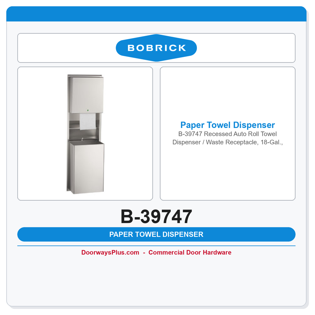 Bobrick B-39747 Recessed Auto Roll Towel Dispenser / Waste Receptacle, 18-Gal., Satin SS