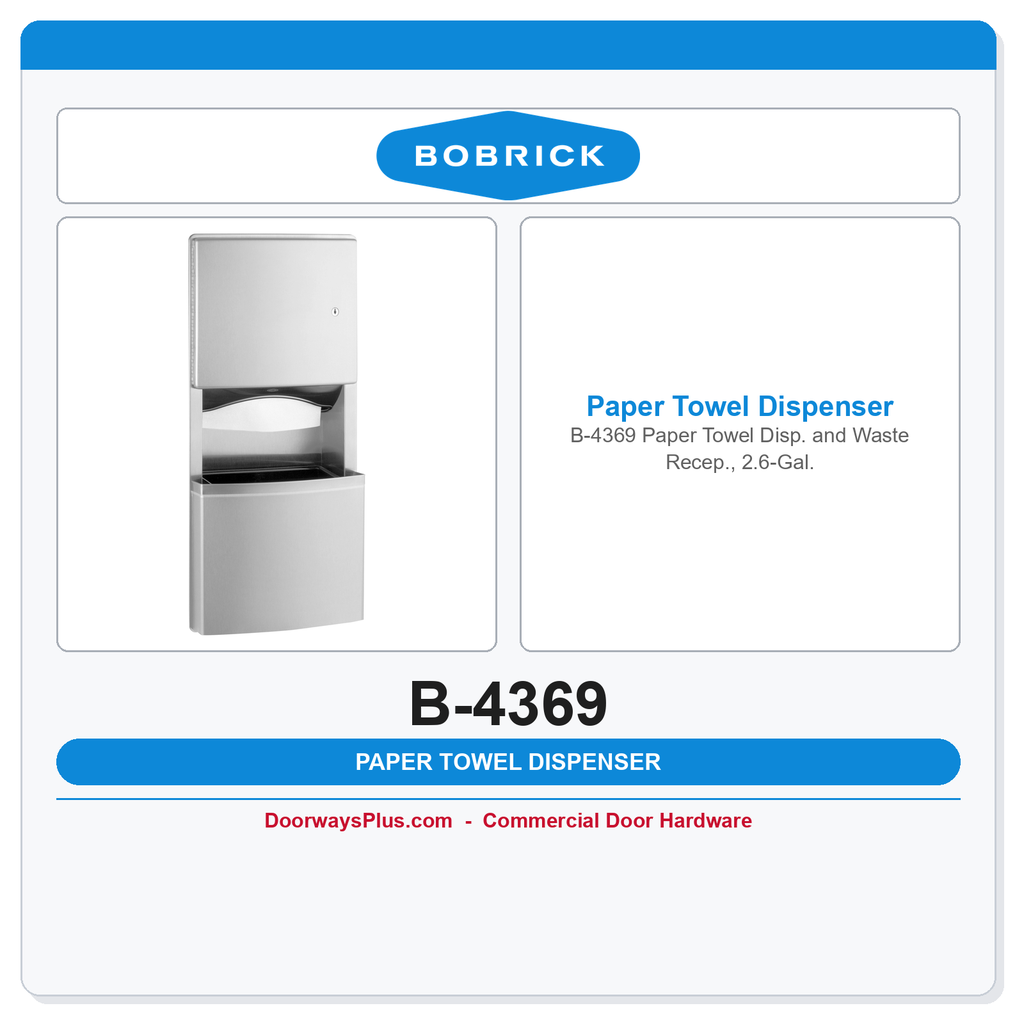 Bobrick B-4369 Paper Towel Disp. and Waste Recep., 2.6-Gal.