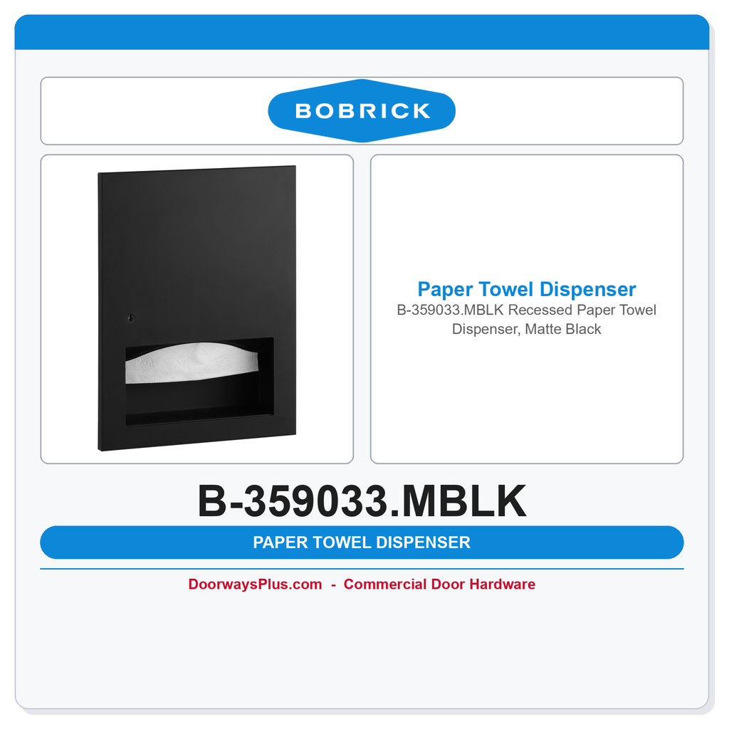 Bobrick B-359033.MBLK Recessed Paper Towel Dispenser, Matte Black
