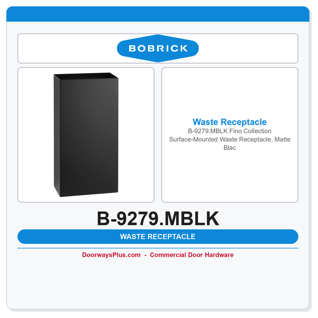 Bobrick B-9279.MBLK Fino Collection Surface-Mounted Waste Receptacle, Matte Black, 6-Gal.