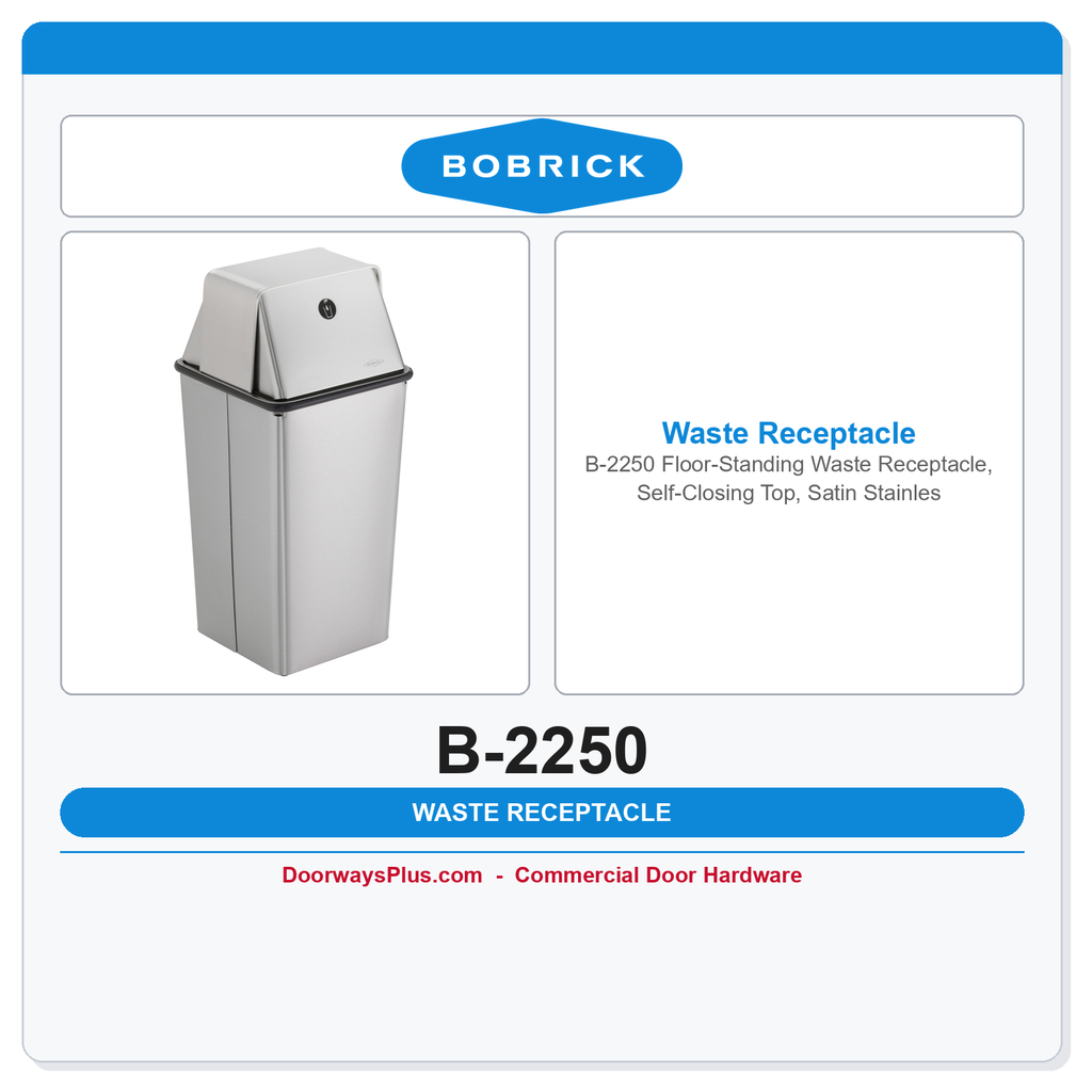 Bobrick B-2250 Floor-Standing Waste Receptacle, Self-Closing Top, Satin Stainless, 13-Gal.