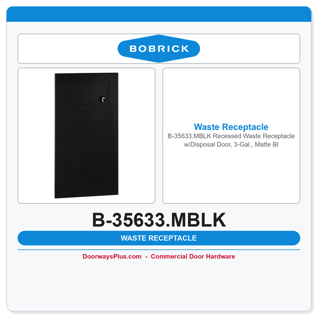 Bobrick B-35633.MBLK Recessed Waste Receptacle w/Disposal Door, 3-Gal., Matte Black