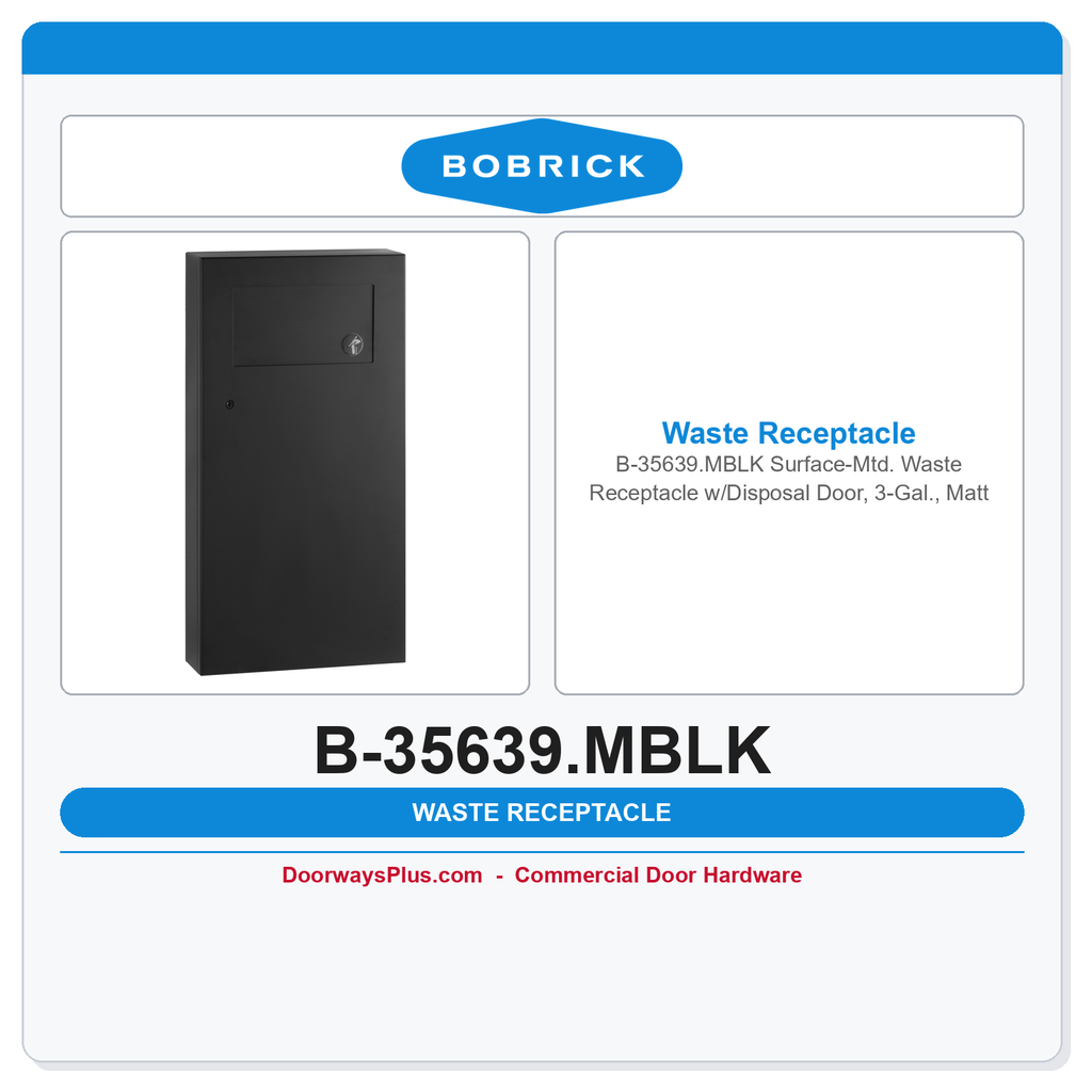 Bobrick B-35639.MBLK Surface-Mtd. Waste Receptacle w/Disposal Door, 3-Gal., Matte Black