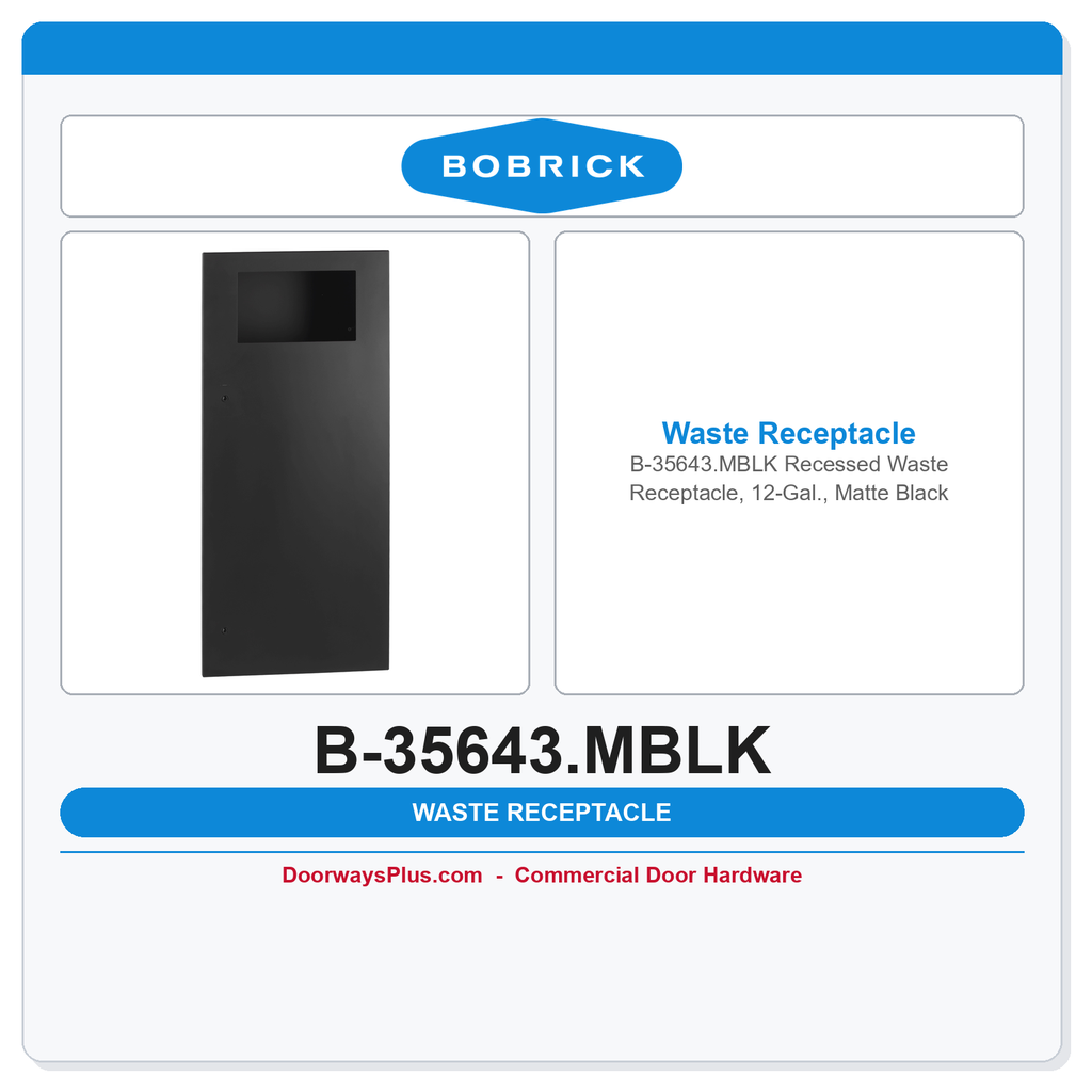 Bobrick B-35643.MBLK Recessed Waste Receptacle, 12-Gal., Matte Black