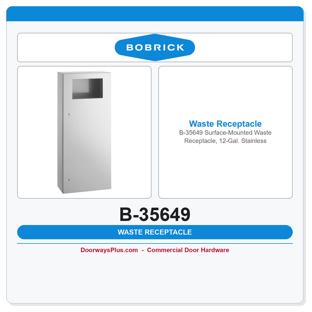 Bobrick B-35649 Surface-Mounted Waste Receptacle, 12-Gal. Stainless