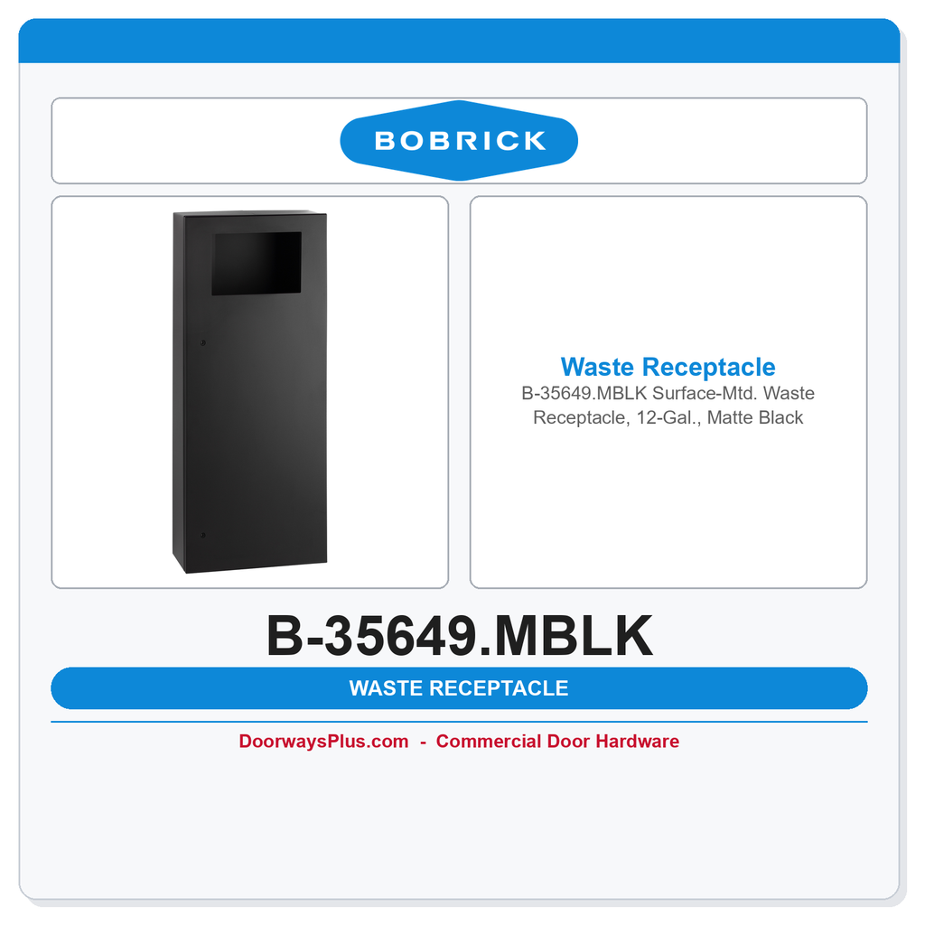 Bobrick B-35649.MBLK Surface-Mtd. Waste Receptacle, 12-Gal., Matte Black