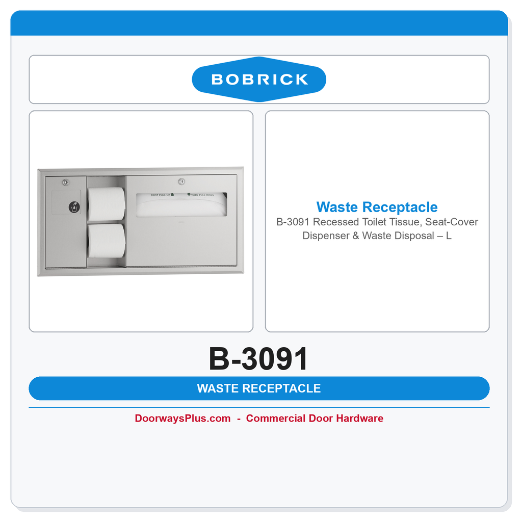 Bobrick B-3091 Recessed Toilet Tissue, Seat-Cover Dispenser & Waste Disposal – Left Side